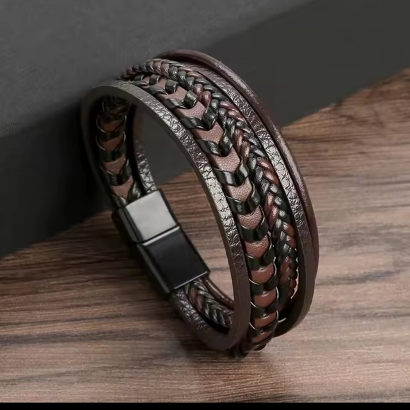 Men's Bracelet Leather Braided Layered Brown New f31 - Picture 1 of 1